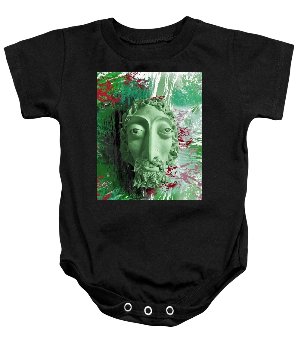 Mask Baby Onesie featuring the ceramic art Mask The Saviour by Joan Stratton