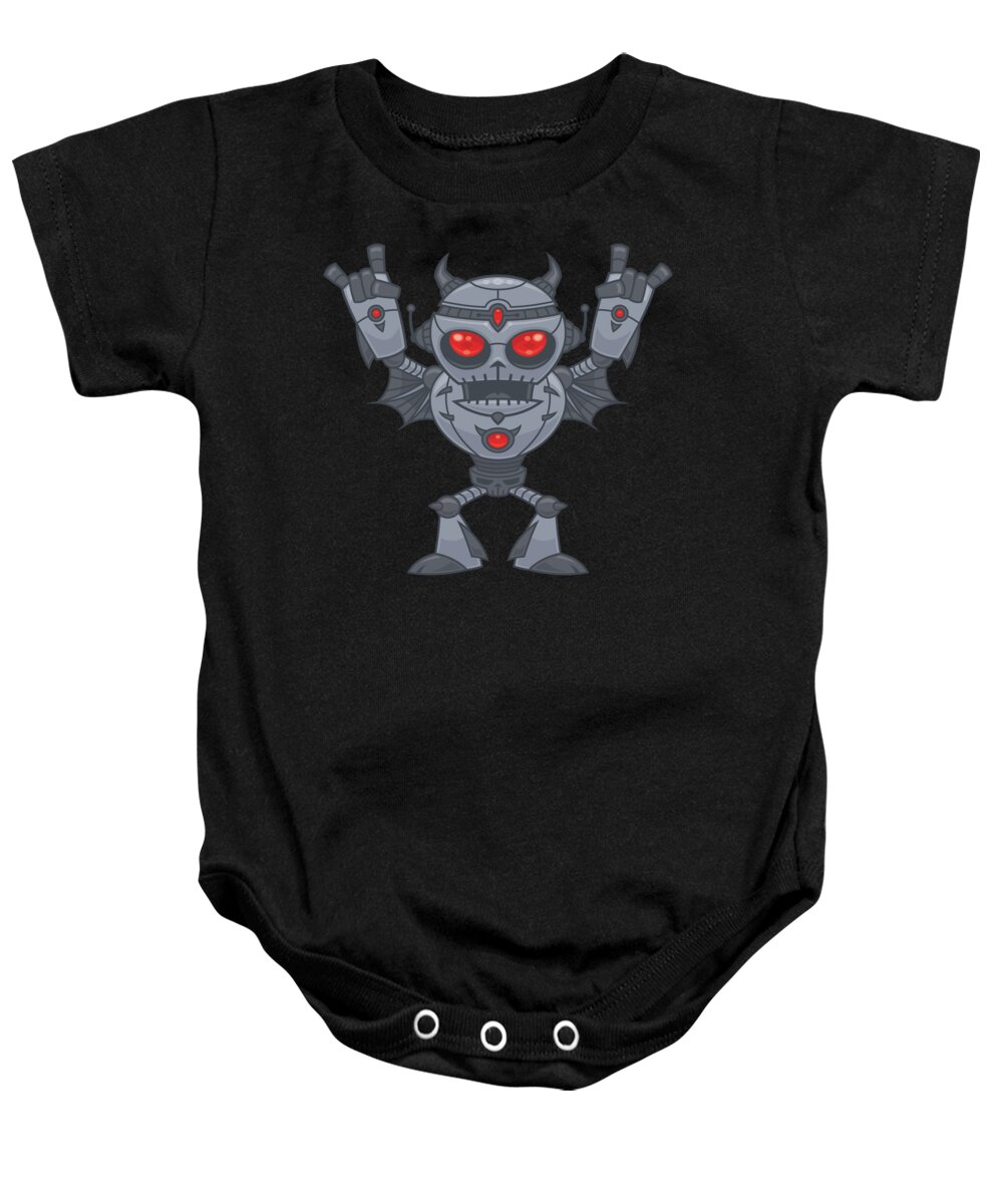 Robot Baby Onesie featuring the digital art Metalhead - Heavy Metal Robot Devil by John Schwegel