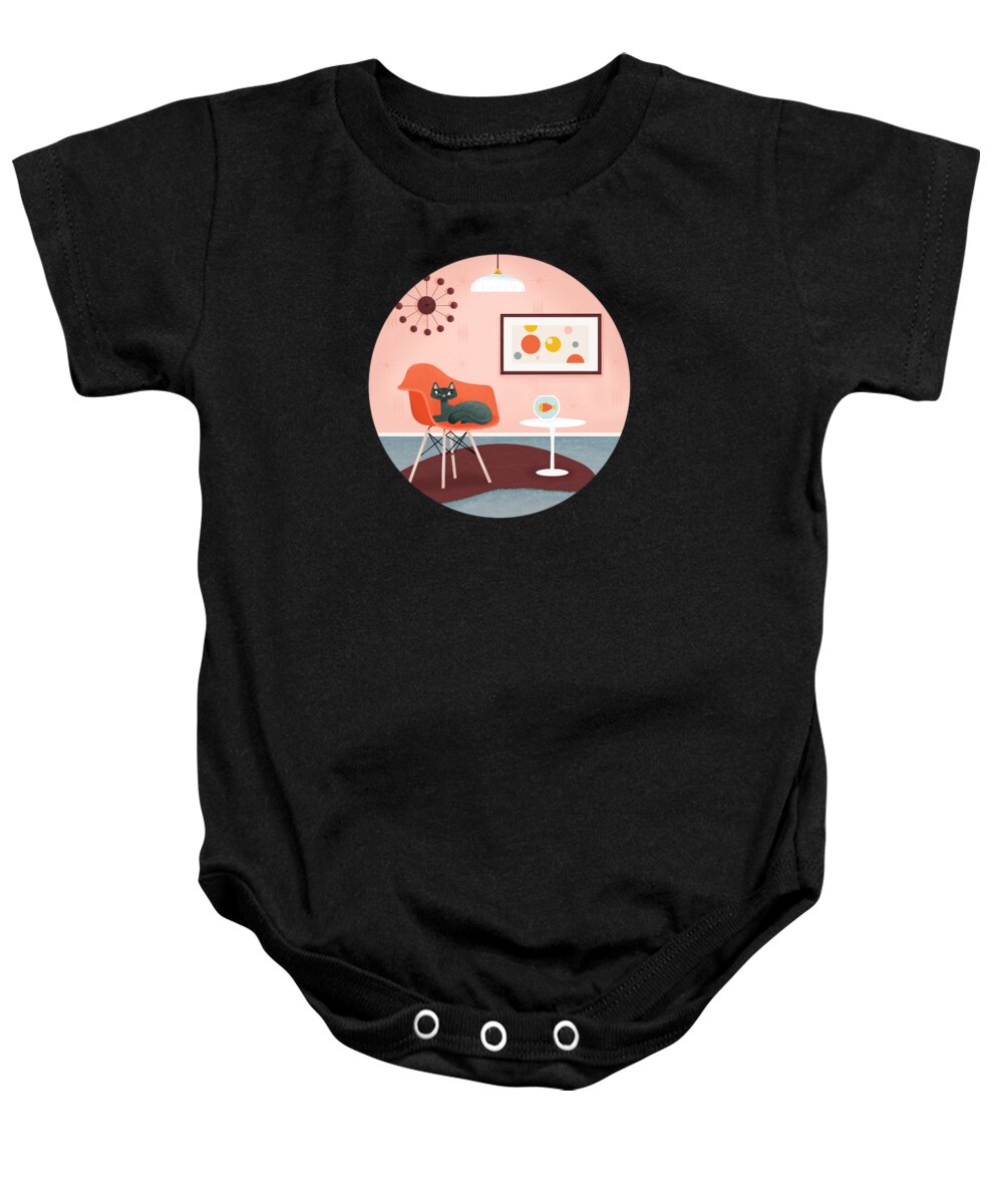 Painting Baby Onesie featuring the painting Midcentury Coral Decor With Black Cat And Gold Fish by Little Bunny Sunshine