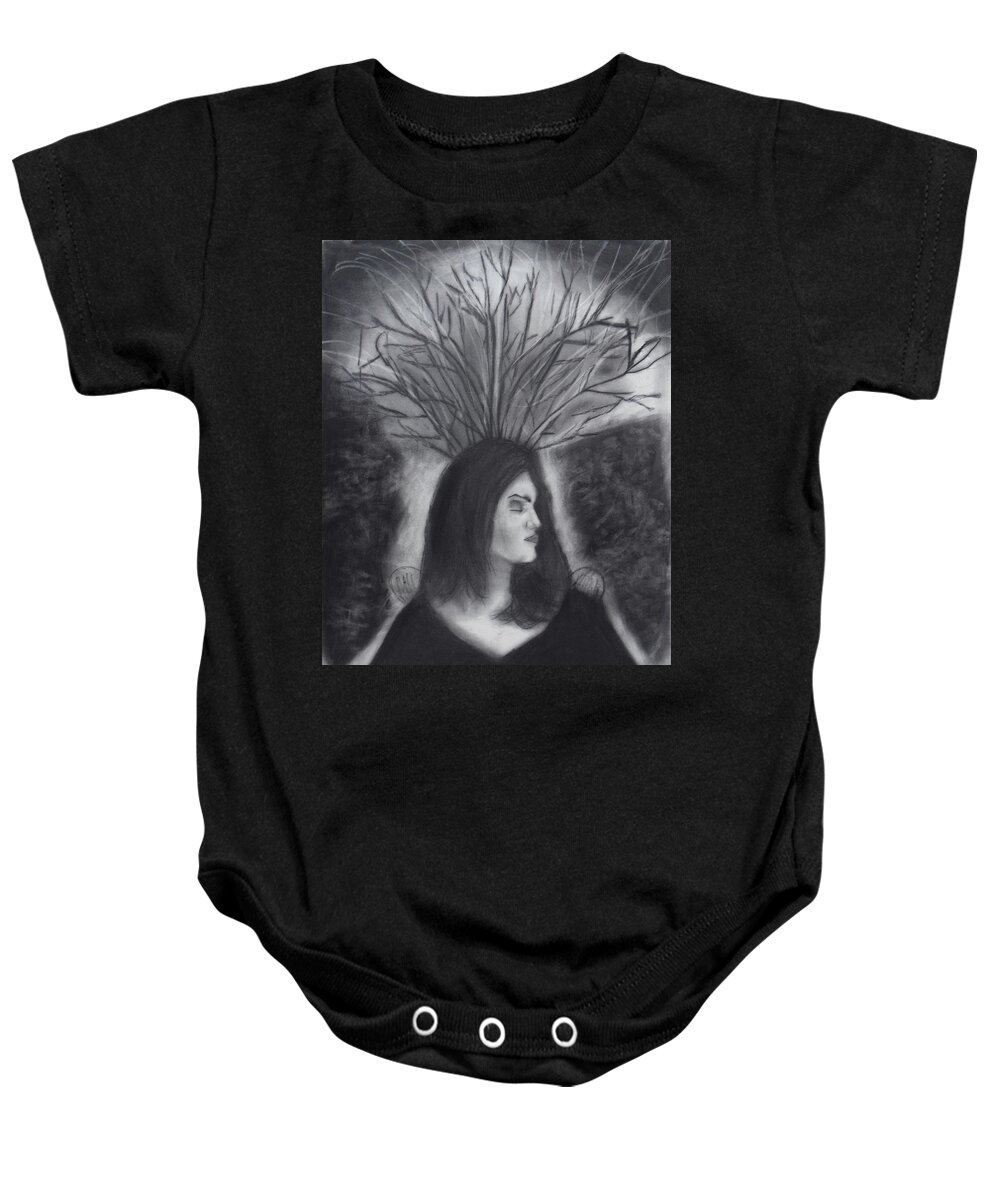 Charcoal Art Baby Onesie featuring the drawing Mother Earth by Nadija Armusik