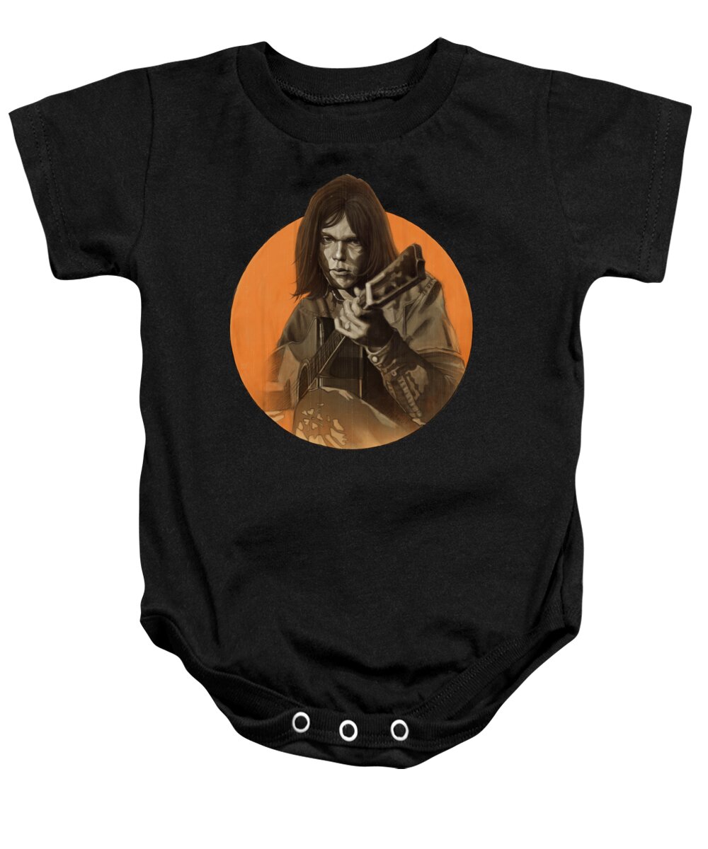 Neil Young Baby Onesie featuring the digital art Neil Young Harvest by Andre Koekemoer