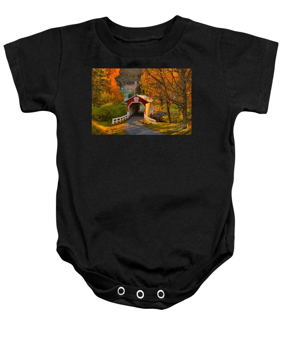 New Baltimore Baby Onesie featuring the photograph New Baltimore Covered Bridge Fall Landscape by Adam Jewell
