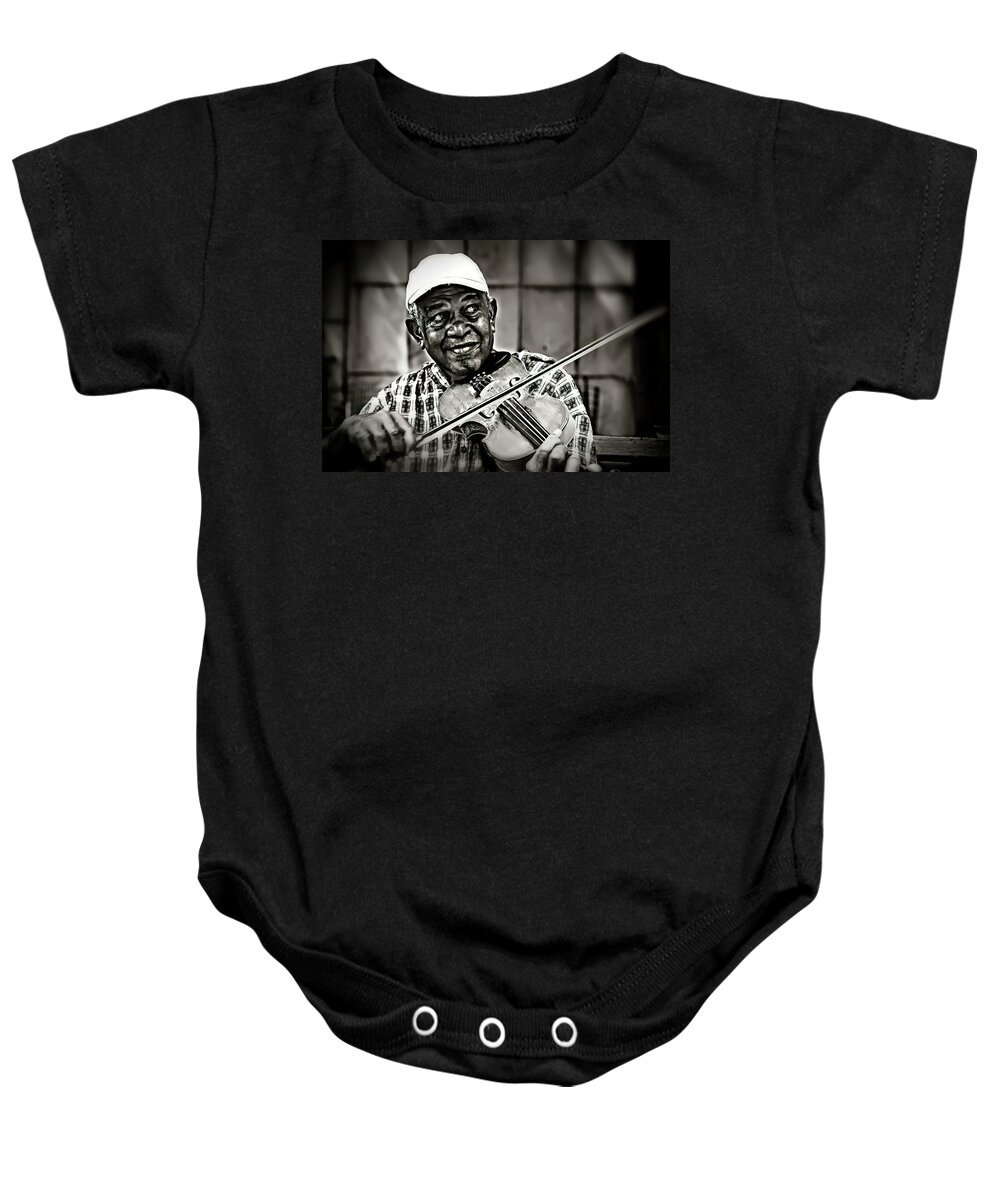 Musician Baby Onesie featuring the photograph New York Street Fiddler by Pheasant Run Gallery