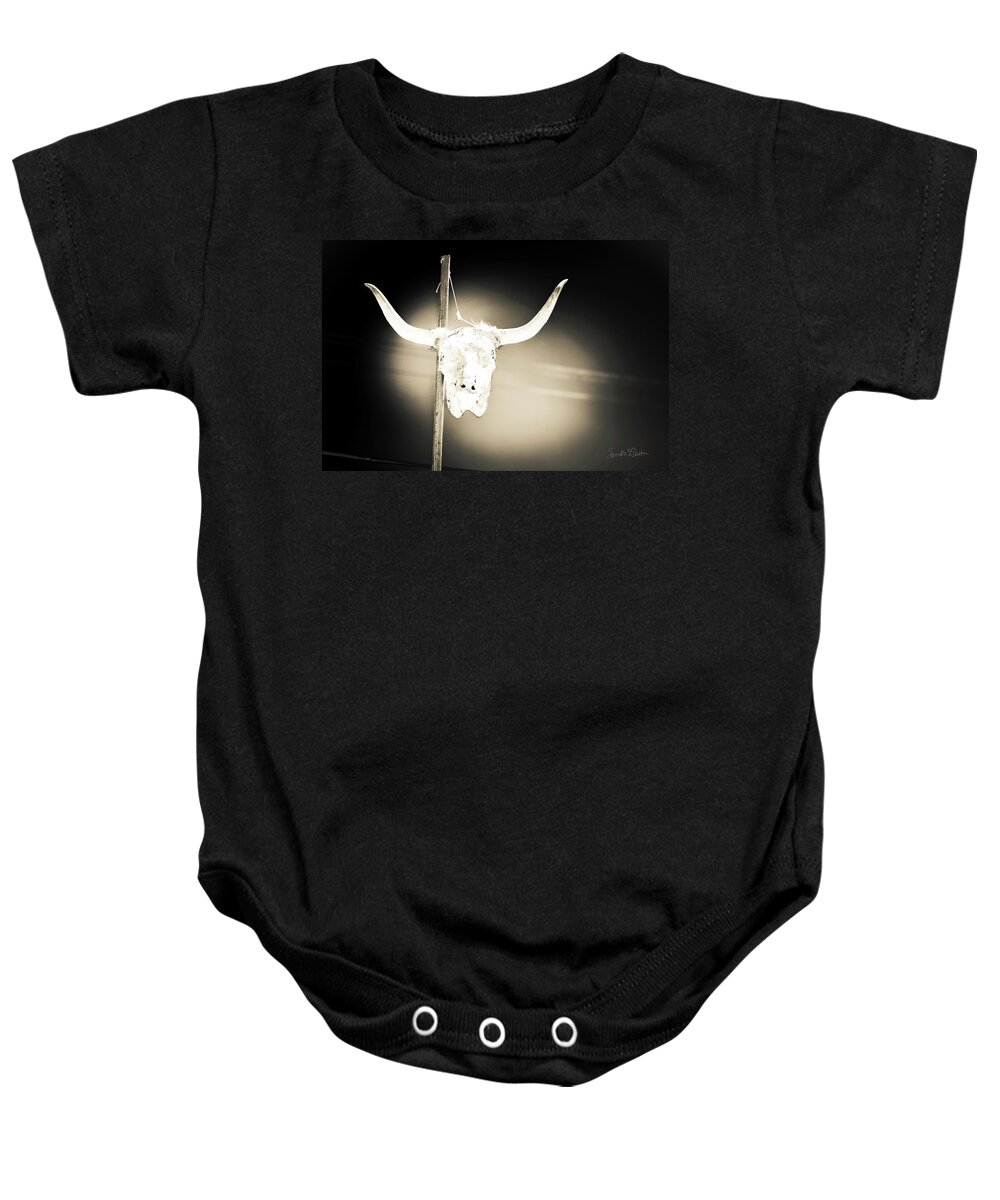 Cow Skull Photo Baby Onesie featuring the photograph No Parking by Sandra Dalton