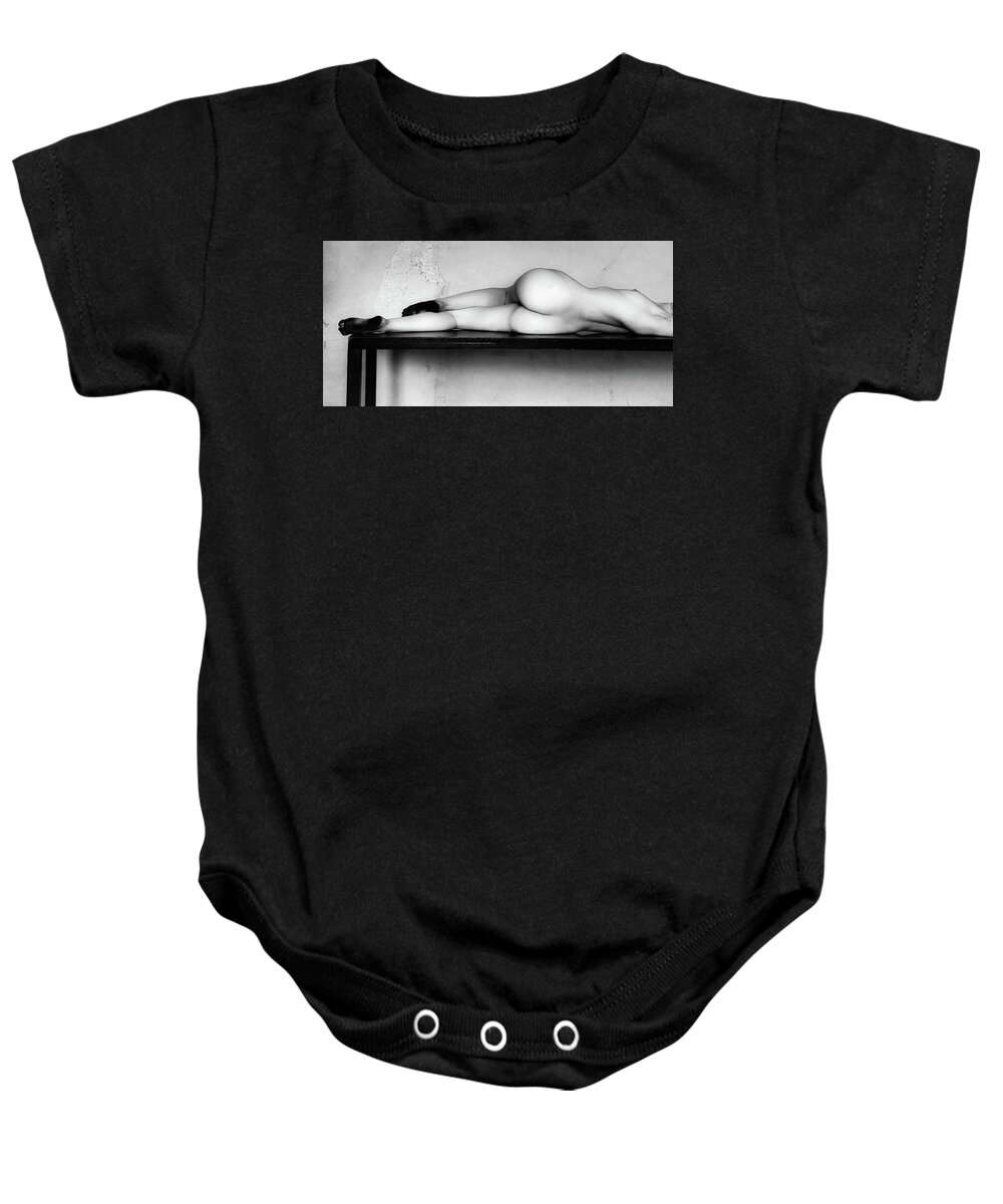 Weston Baby Onesie featuring the photograph Nude Reclining On Table by Lindsay Garrett