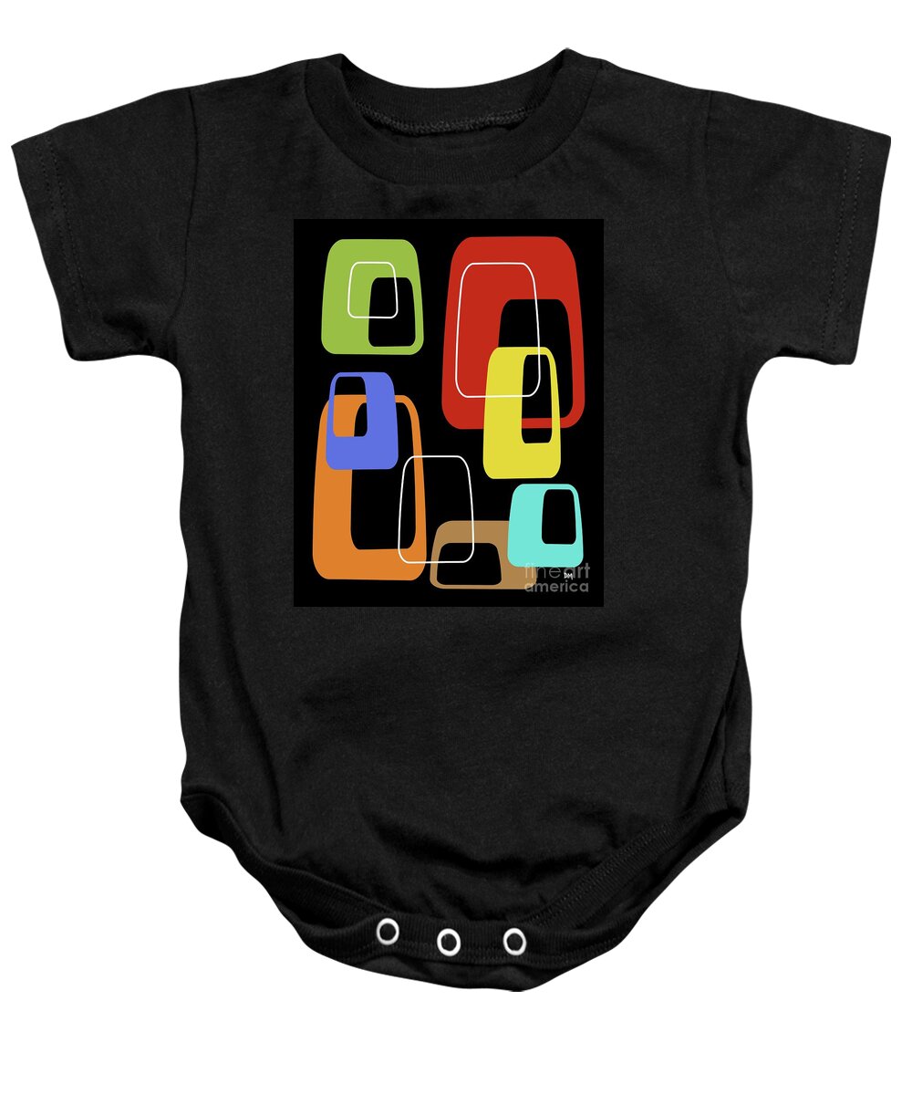 Mid Century Modern Baby Onesie featuring the digital art Oblongs on Black 3 by Donna Mibus