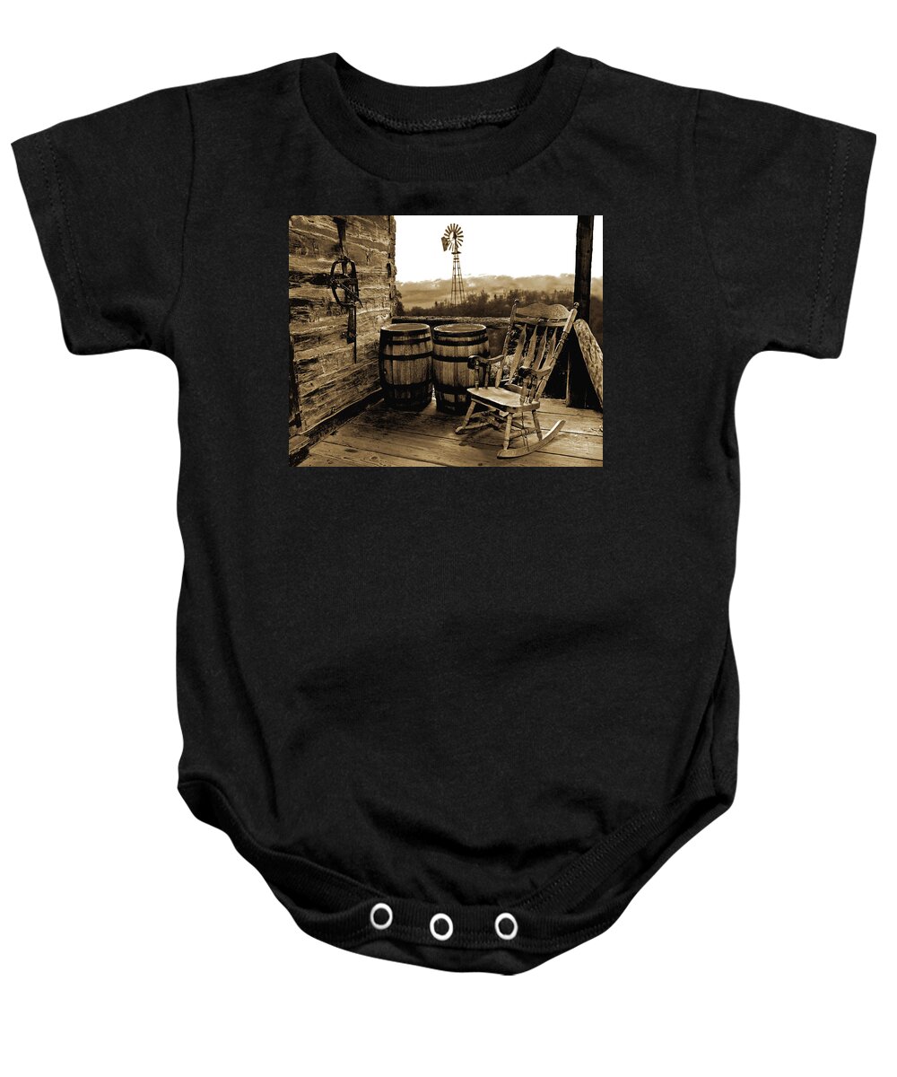 Rocker Baby Onesie featuring the photograph Peace At Last, Sepia by Don Schimmel