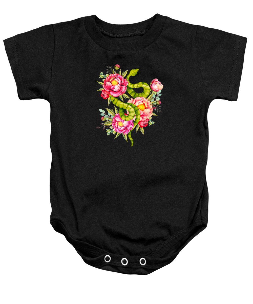 Painting Baby Onesie featuring the painting Peony Blossoms Buds And A Green Garden Snake by Little Bunny Sunshine