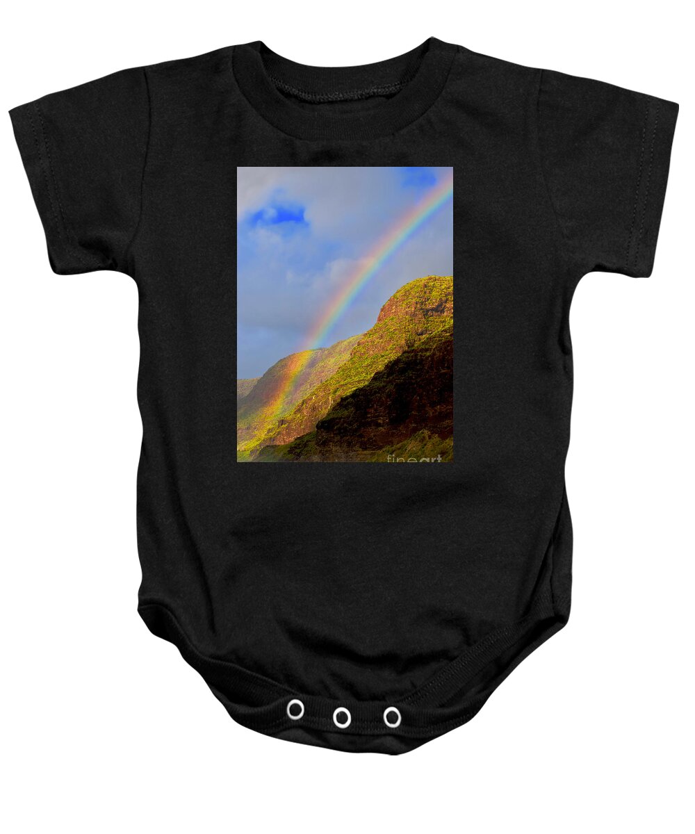 Rainbow Baby Onesie featuring the photograph Polihale Rainbow's End by Debra Banks