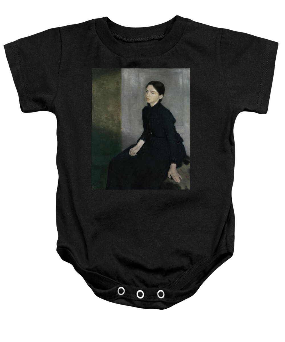 Vilhelm Hammershoi Baby Onesie featuring the painting Portrait of a young woman, 1885. The artist's sister Anna Hammershoi. Oil on Canvas. 112 x 91, 5 cm. by Vilhelm Hammershoi
