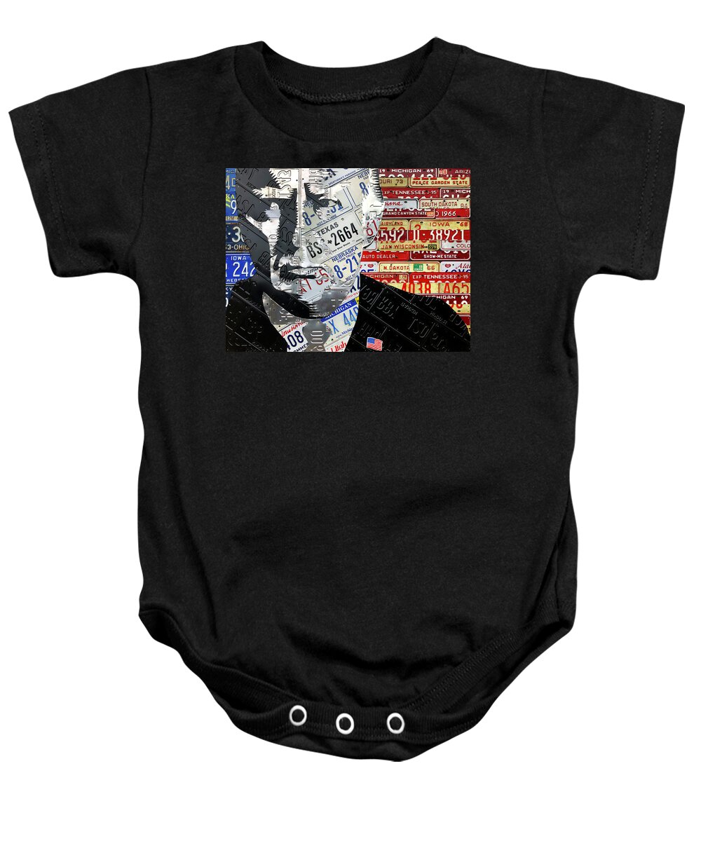 President Baby Onesie featuring the mixed media President Donald Trump License Plate Art Recycled Metal Portrait by Design Turnpike