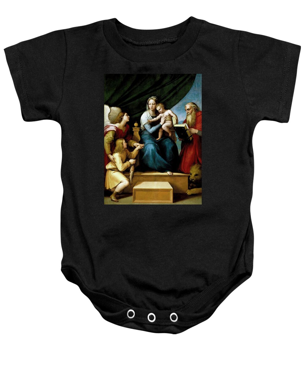 Raphael Baby Onesie featuring the painting Rafael 'The Holy Family with Raphael, Tobias and Saint Jerome, or the Virgin with a Fish',1513-1... by Raphael -1483-1520-