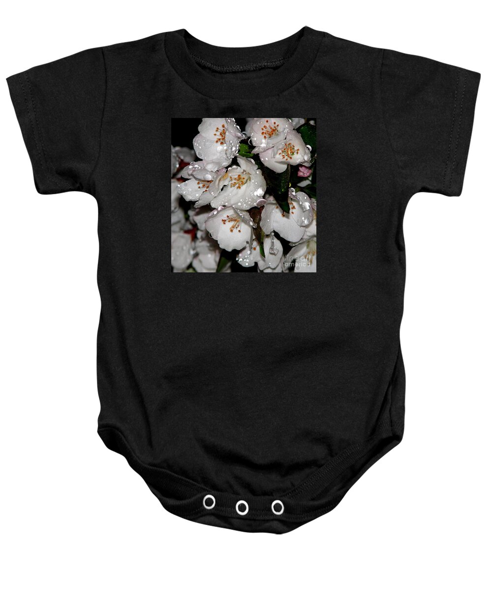 Raindrops On Crab Apple Blossoms By Rose Santucisofranko Baby Onesie featuring the photograph Raindrops on Crab Apple Blossoms by Rose SantuciSofranko by Rose Santuci-Sofranko