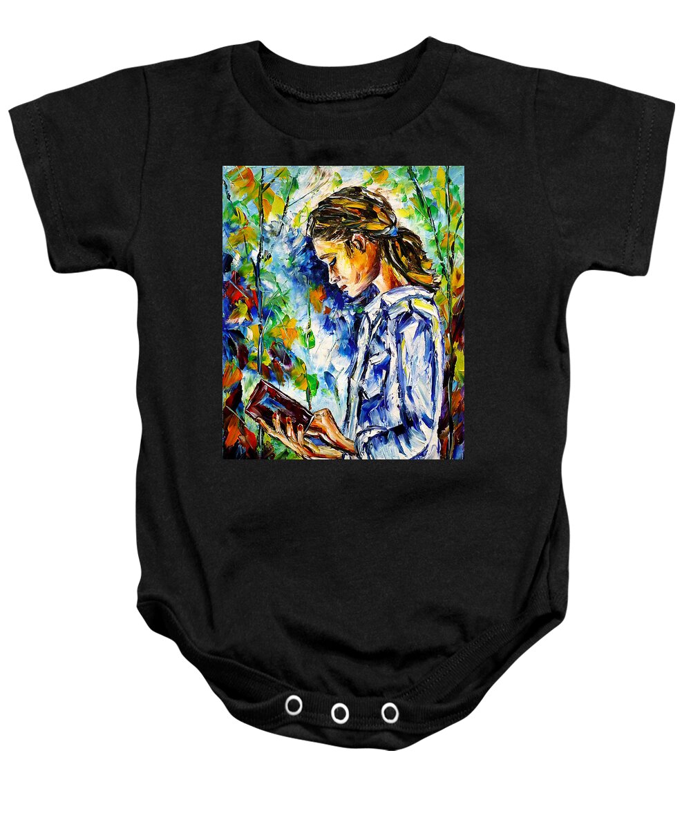 Girl With A Book Baby Onesie featuring the painting Reading Outdoors by Mirek Kuzniar