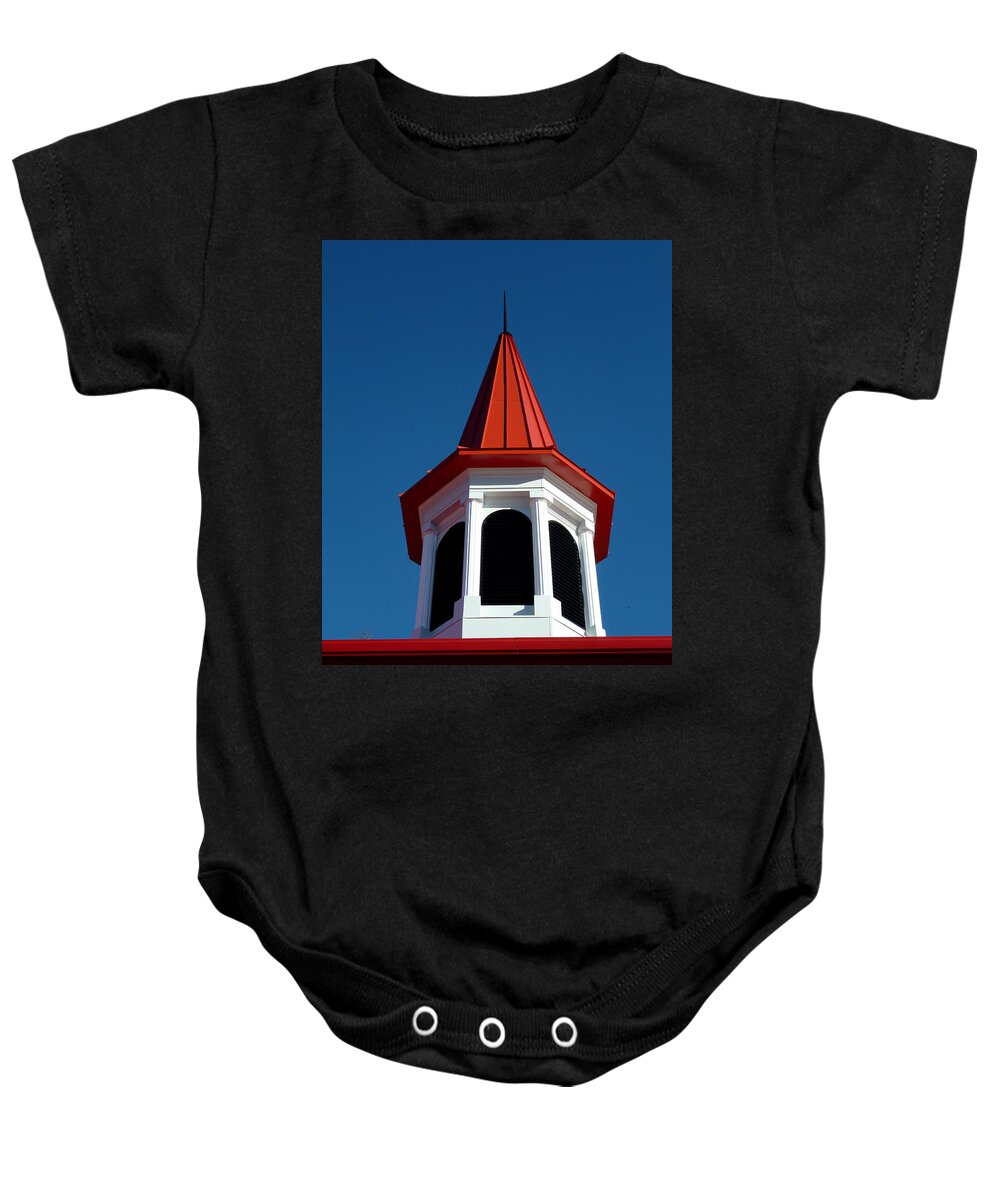 Architectural Baby Onesie featuring the photograph Red Spire Against Blue Sky by Mike McBrayer