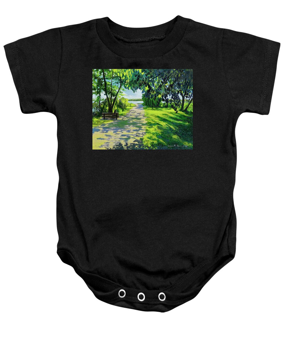 Landscape Baby Onesie featuring the painting Reflection By The Lake by Lynn Hansen