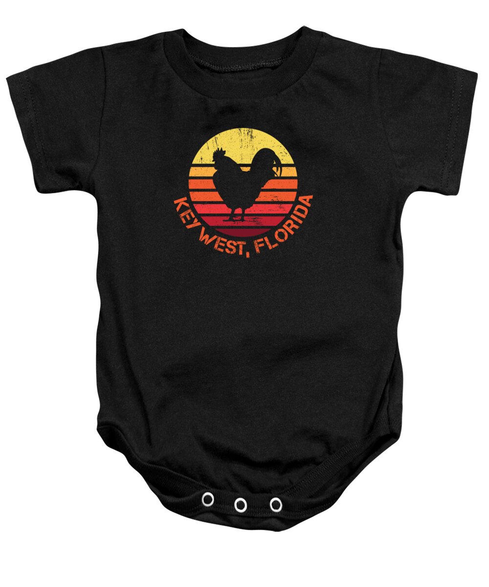 Key-west Baby Onesie featuring the digital art Retro Distressed Key West Florida Chicken Gift or Souvenir Design by Hope and Hobby