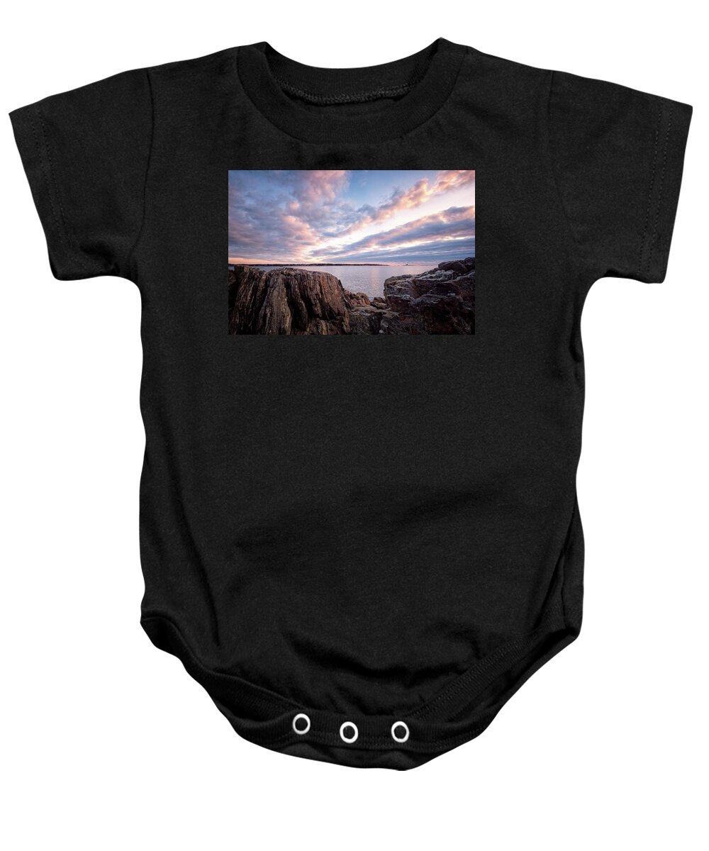New Hampshire Baby Onesie featuring the photograph Rocky Coast At Daybreak . by Jeff Sinon