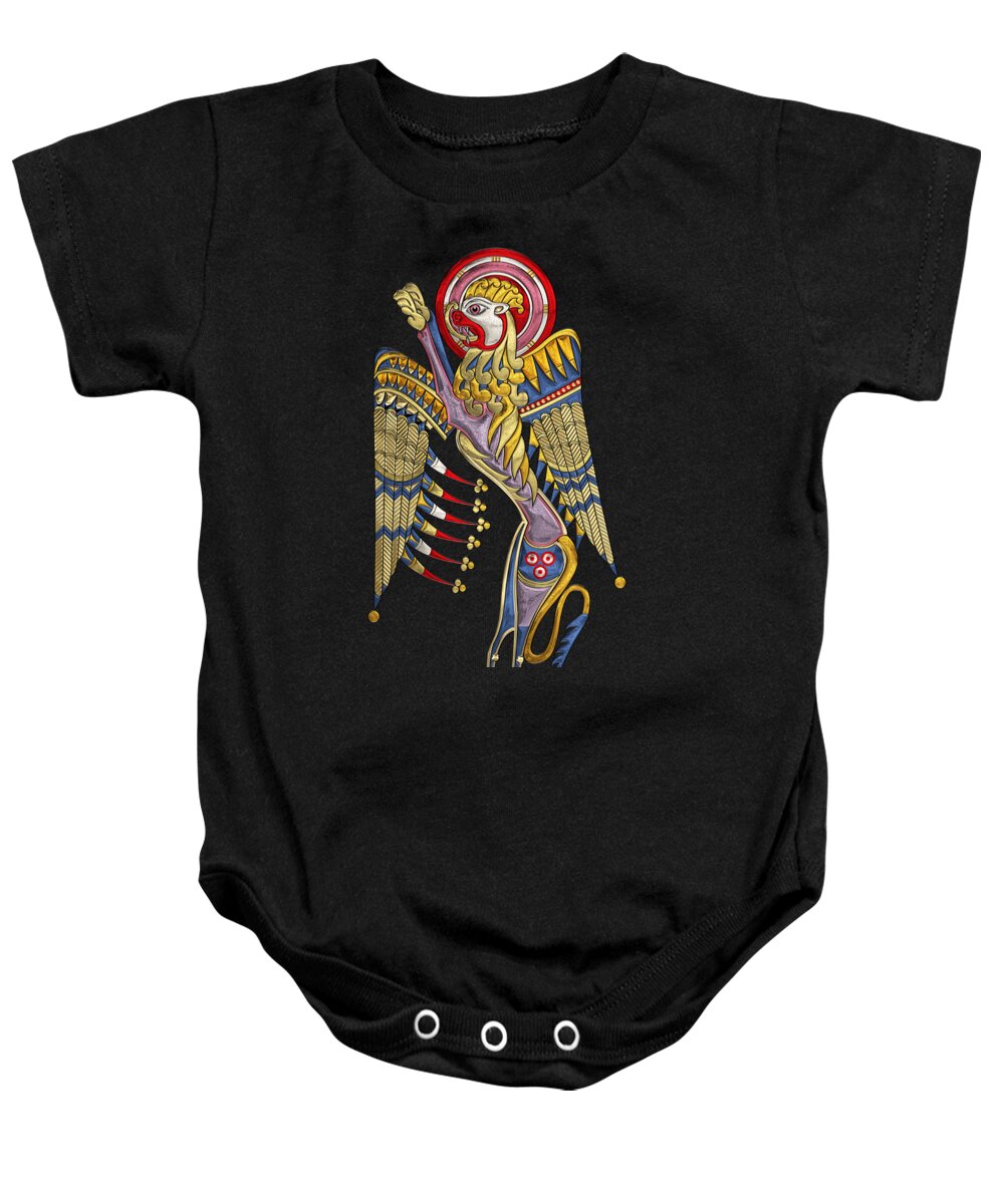 ‘celtic Treasures’ Collection By Serge Averbukh Baby Onesie featuring the digital art Sacred Celtic Lion over Black Canvas by Serge Averbukh