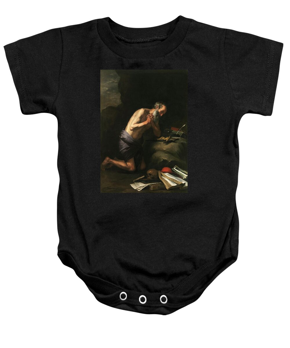 Bartolome Esteban Murillo Baby Onesie featuring the painting 'Saint Jerome', 1650-1652, Spanish School, Canvas, 187 cm x 133 cm, P... by Bartolome Esteban Murillo -1611-1682-