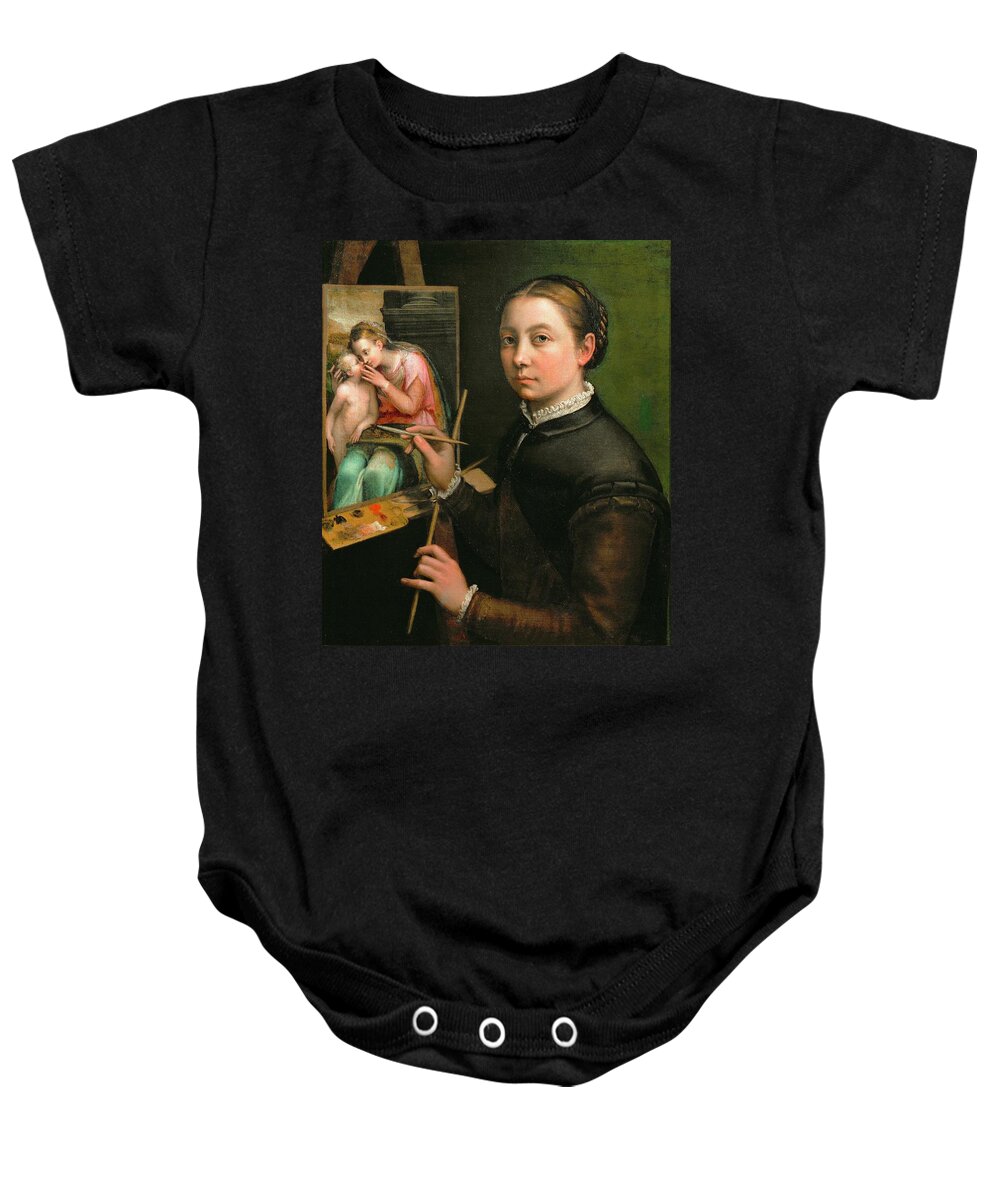 Anguissola Baby Onesie featuring the painting Self-portrait, painting the Madonna, 1556 Canvas, 66 x 57 cm. by Sofonisba Anguissola -c 1532-1625-