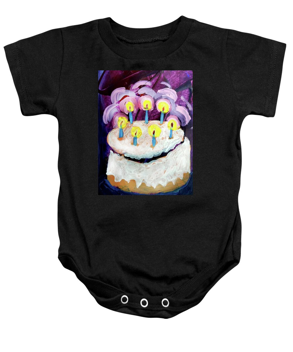 Candles Baby Onesie featuring the painting Seven Candle Birthday Cake by Tilly Strauss