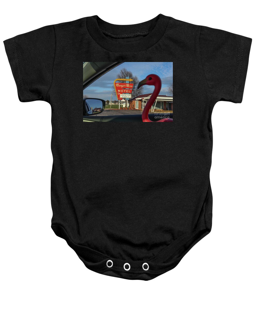 Munger Moss Motel Baby Onesie featuring the photograph Sippi at Munger Moss Motel on Route 66 by Garry McMichael