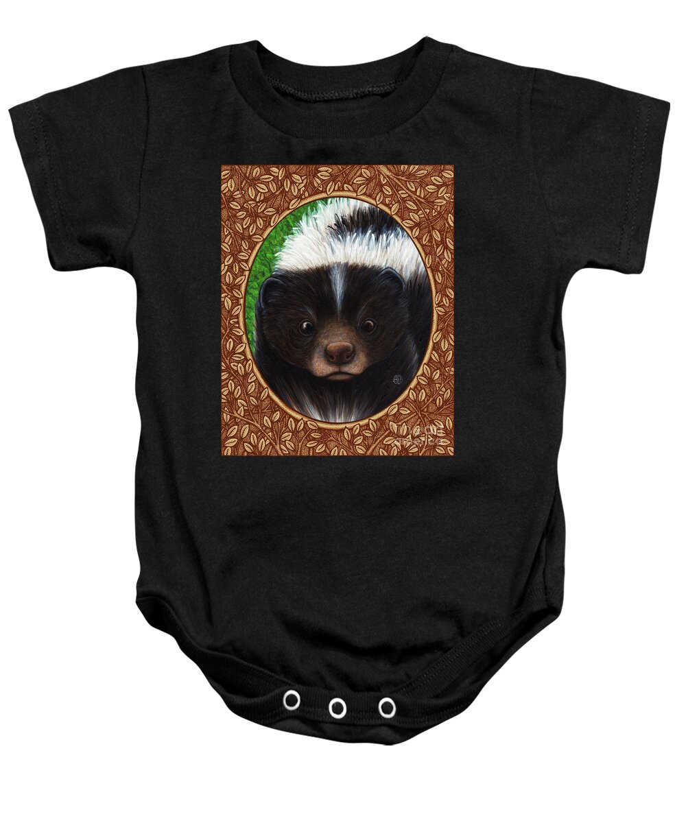 Animal Portrait Baby Onesie featuring the painting Skunk Portrait - Brown Border by Amy E Fraser