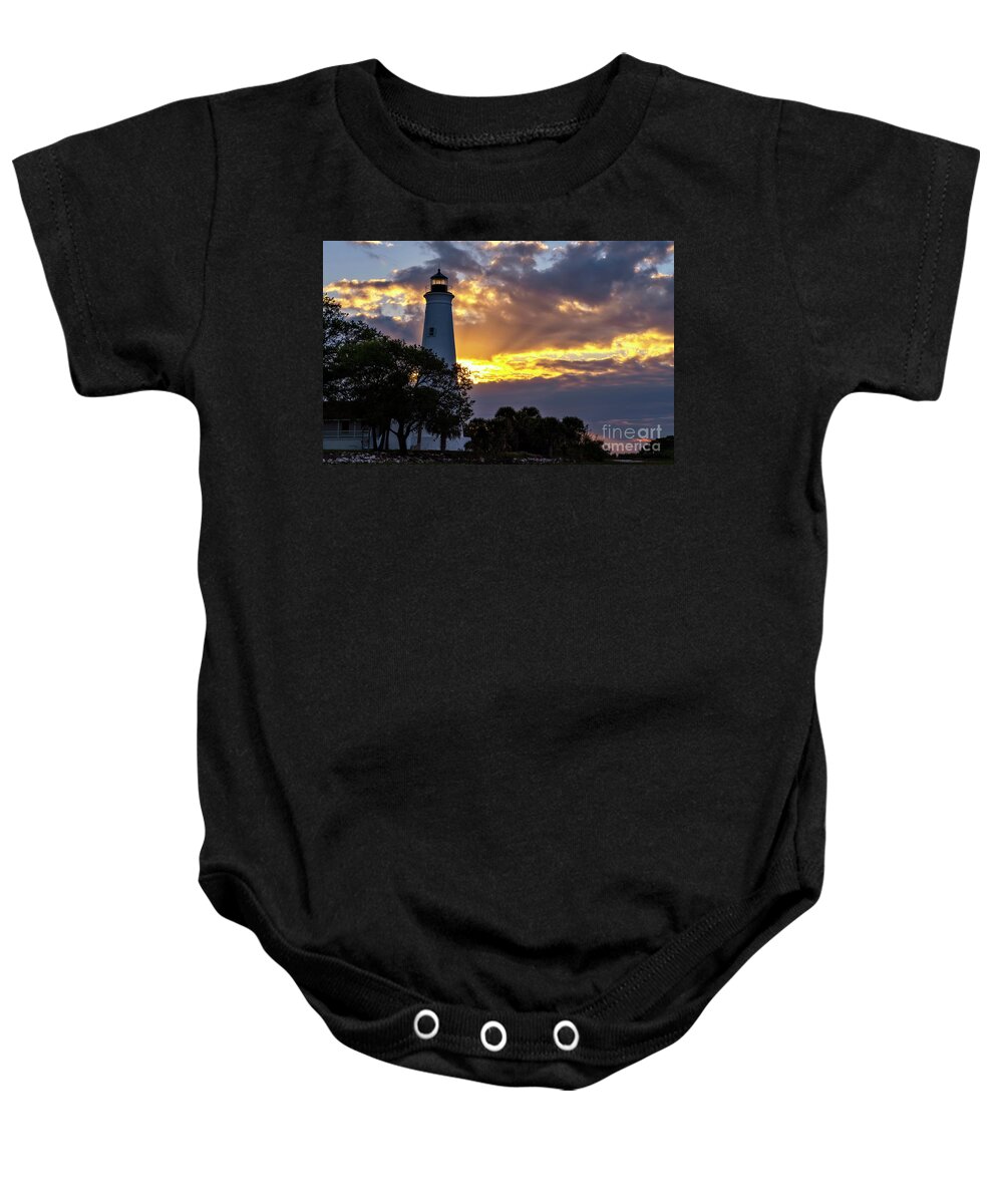 Lighthouses Baby Onesie featuring the photograph Sunrise Glow In The Lighthouse by DB Hayes