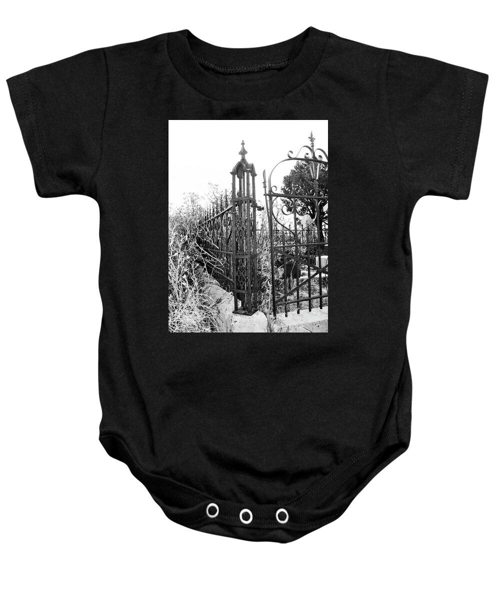 Black & White Photo Baby Onesie featuring the photograph Sylvester in Cemetery by Sandra Dalton