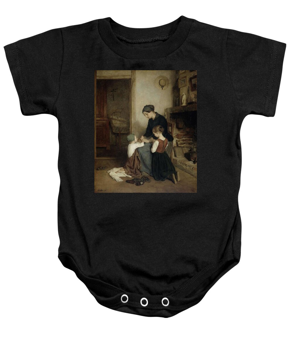 Oil On Panel Baby Onesie featuring the painting The Evening Prayer. by Pierre Edouard Frere -1819-1886-
