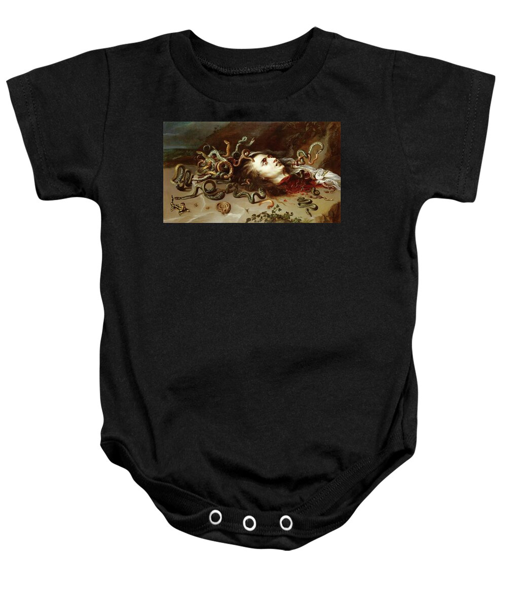 Medusa (personaje Mitologico) Baby Onesie featuring the painting The Head of Medusa. Oil on canvas -around 1618- 68.5 x 118 cm Inv. 3834. PETER PAUL RUBENS . by Peter Paul Rubens -1577-1640-