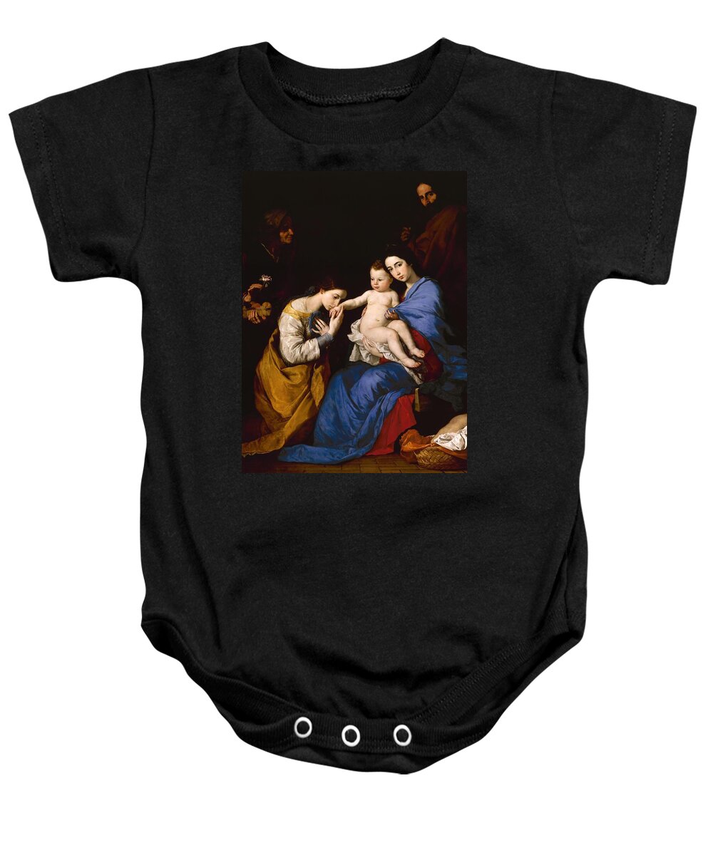 Jusepe De Ribera (called Lo Spagnoletto) Baby Onesie featuring the painting The Holy Family with Saints Anne and Catherine of Alexandria. JUSEPE DE RIBERA . by Jusepe de Ribera -called Lo Spagnoletto-