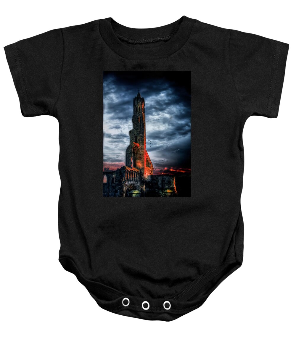 St Andrews Baby Onesie featuring the photograph God's last known address by Micah Offman