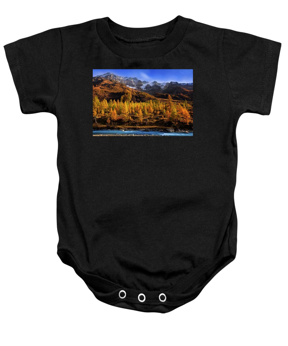 Sunset Baby Onesie featuring the photograph Trees at the pool by Dominique Dubied