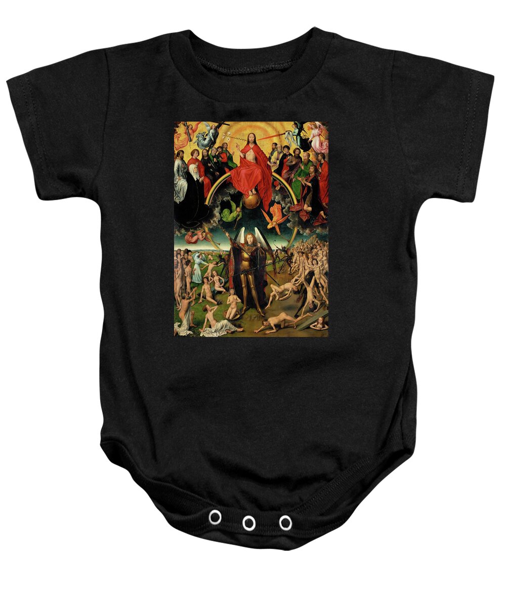 Archangel Michael Baby Onesie featuring the painting Triptych with the Last Judgement, center panel Judgement and Weighing of Souls. 1467-1471. by Hans Memling -c 1433-1494-