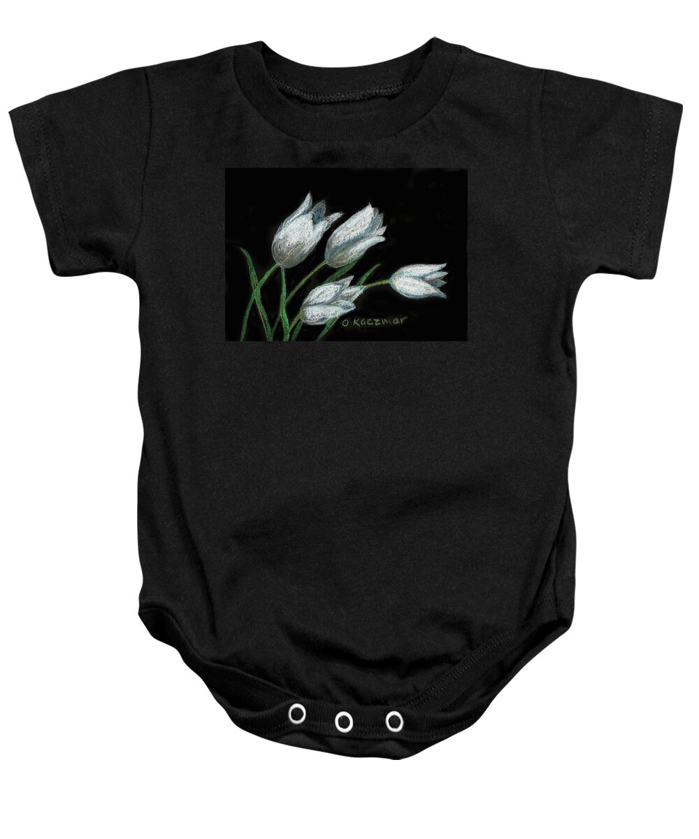 White Tulips Baby Onesie featuring the pastel Tulips on Black by Olga Kaczmar