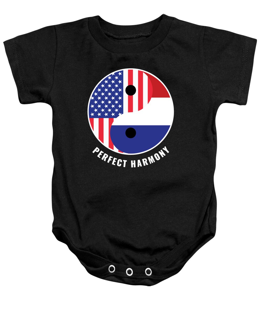 Dutch American Gift Baby Onesie featuring the digital art USA Holland Ying Yang Heritage for Proud Dutch American Biracial American Roots Culture Descendents by Martin Hicks