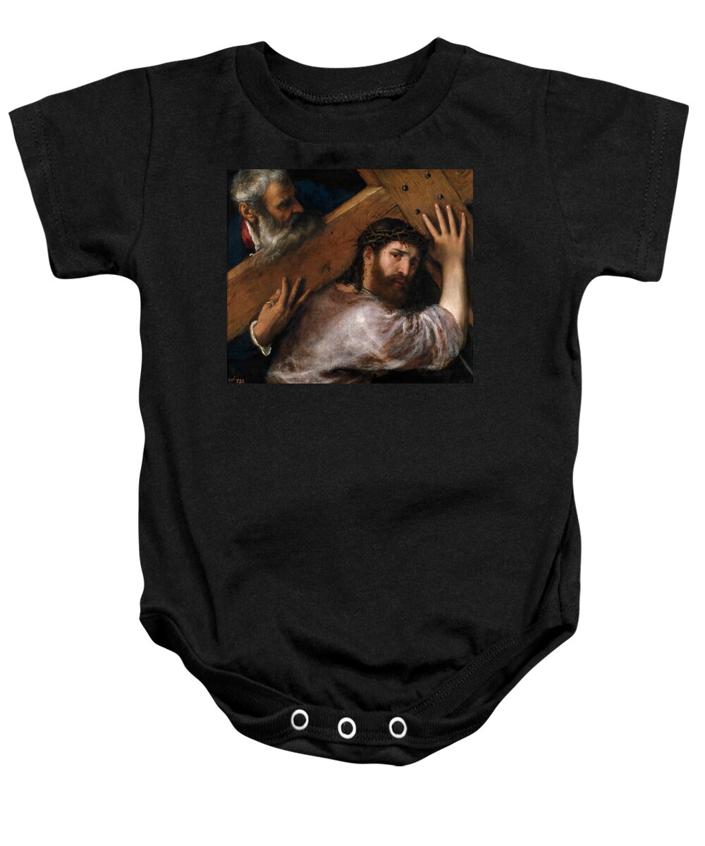 Christ And The Cyrenian Baby Onesie featuring the painting Vecellio di Gregorio Tiziano / 'Christ and the Cyrenian', ca. 1565, Italian School, Oil on canvas. by Titian -c 1485-1576-