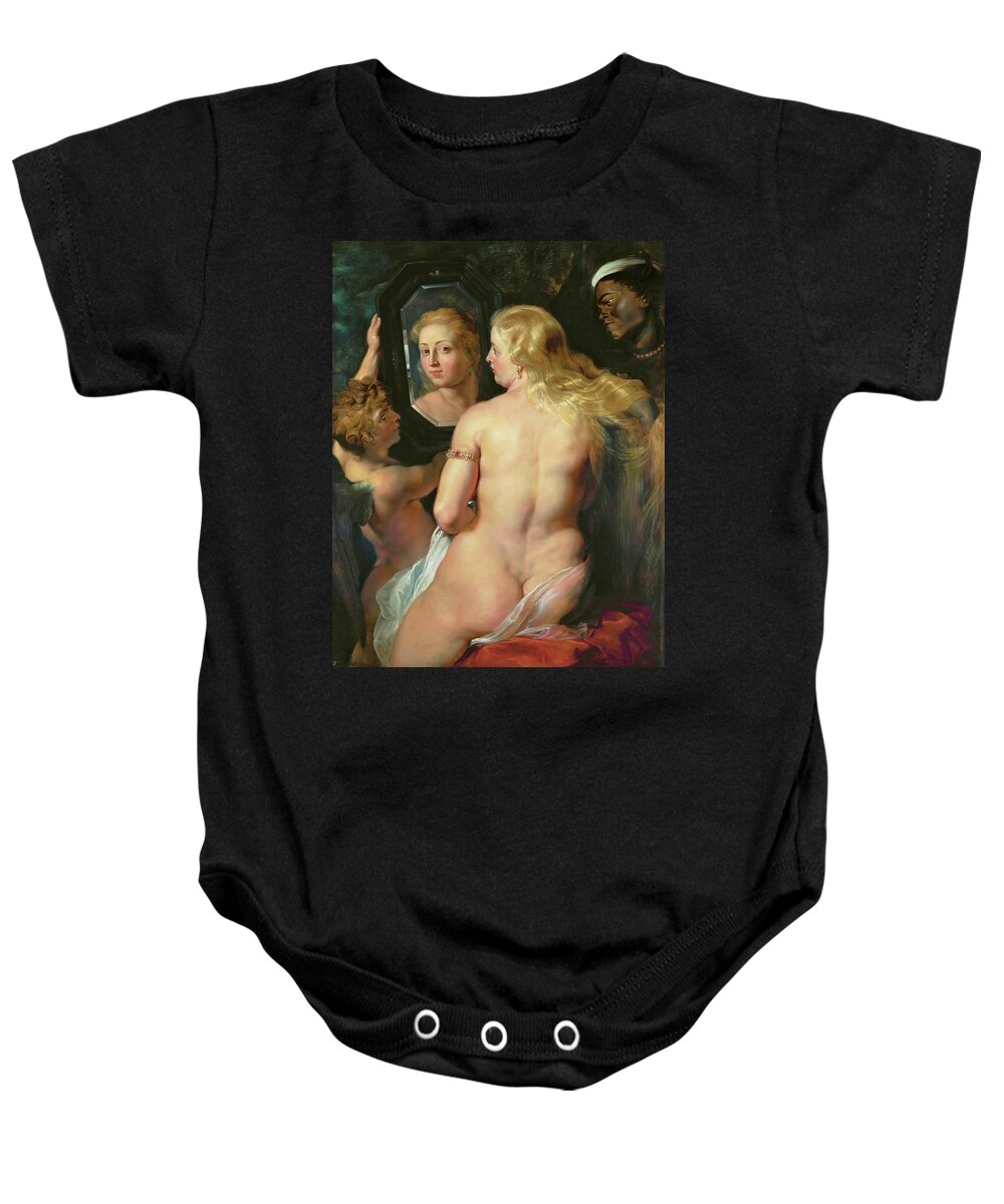 Aphrodite Baby Onesie featuring the painting Venus before a mirror. Wood -1614 / 1615- 124 x 98 cm Inv. 120. by Peter Paul Rubens -1577-1640-