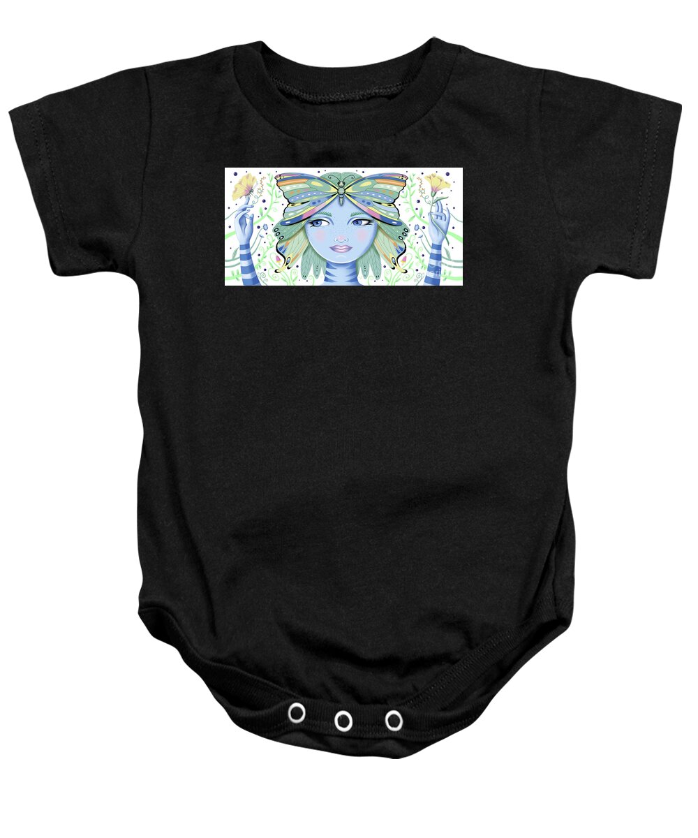 Fantasy Baby Onesie featuring the digital art Insect Girl, Winga - Oblong White by Valerie White