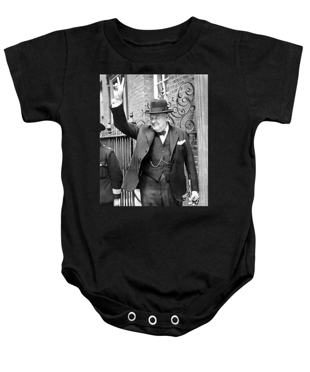 Churchill Baby Onesie featuring the photograph Winston Churchill showing the v sign by English School
