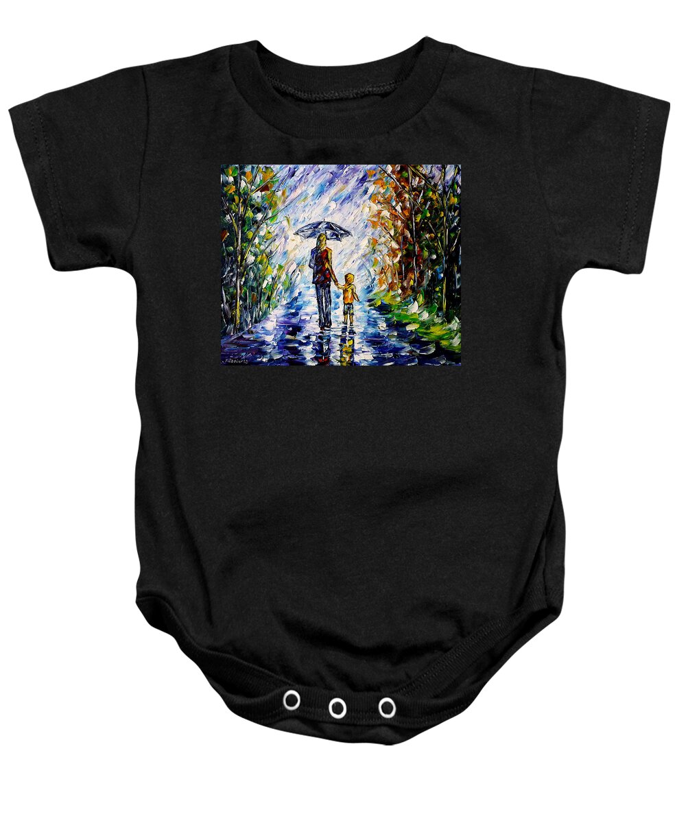 Mother And Child Baby Onesie featuring the painting Woman With Child In The Rain by Mirek Kuzniar
