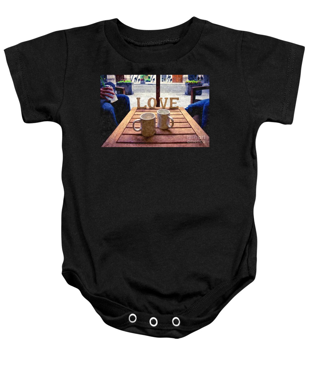 Aroma Baby Onesie featuring the photograph Word Love next to two cups of coffee on a table in a cafeteria, by Joaquin Corbalan