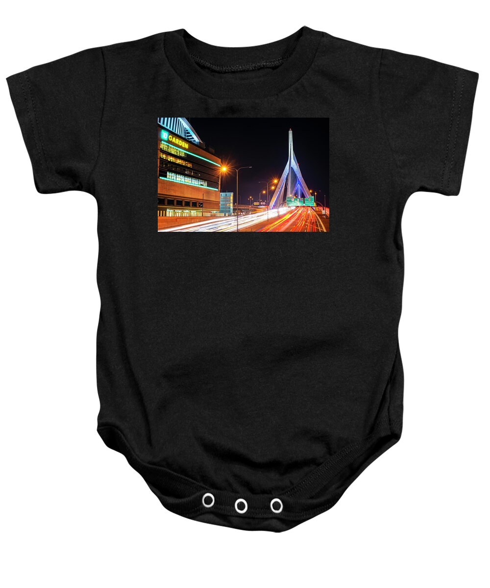 Boston Baby Onesie featuring the photograph Zakim Bridge and TD Garden Boston MA long exposure by Toby McGuire