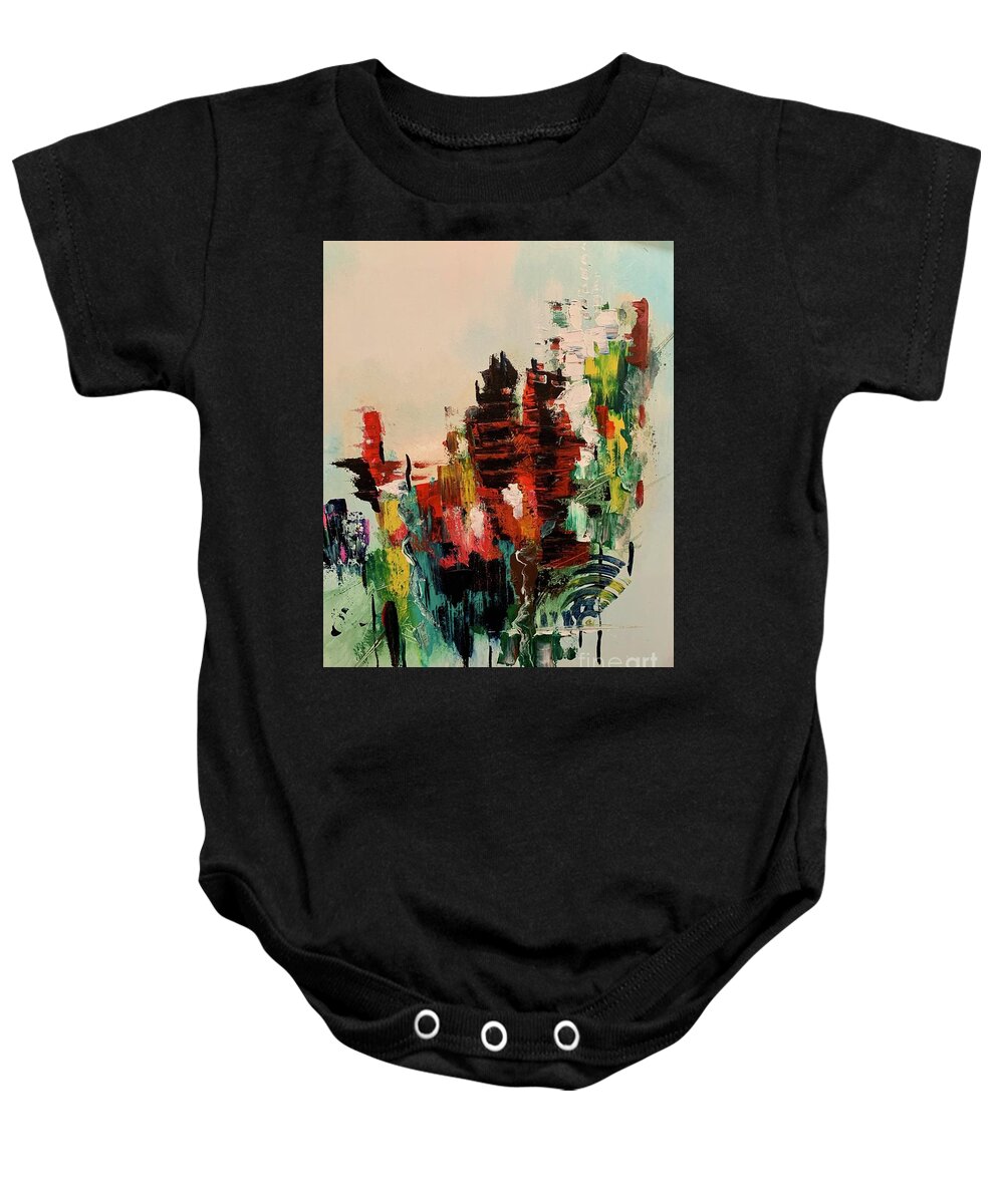 Abstract Miroslaw Chelchowski Painting Print Colors Red Black Yellow Acrylic On Canvas Baby Onesie featuring the painting Abstract #1 by Miroslaw Chelchowski
