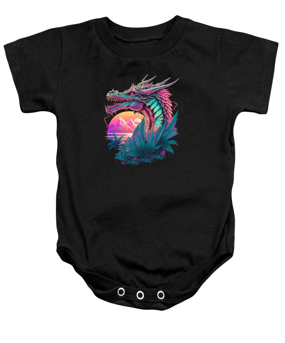Dragon Baby Onesie featuring the digital art Dragon Vaporwave Abstract Landscape Moon Tree Waterfall #1 by Toms Tee Store