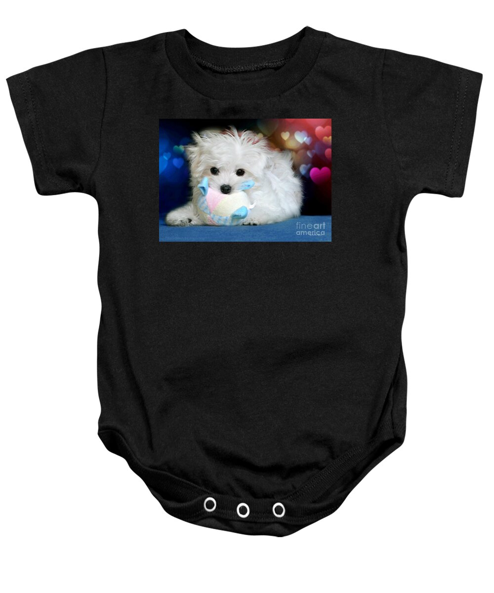 Maltese Puppy Baby Onesie featuring the mixed media My Ball #1 by Morag Bates