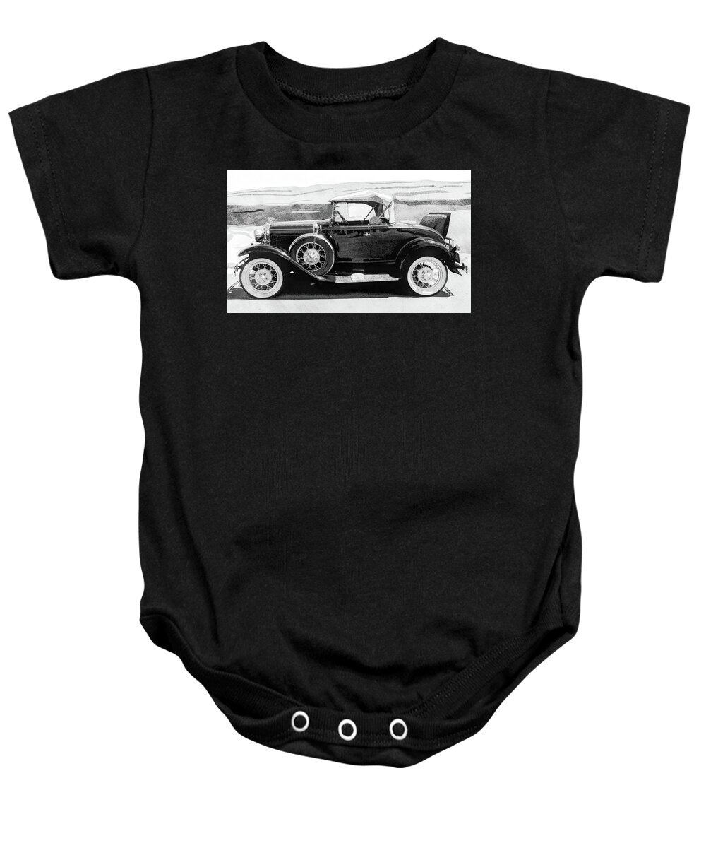 Roadster Baby Onesie featuring the photograph 1930 Model A Ford Roadster BW Pop by DK Digital