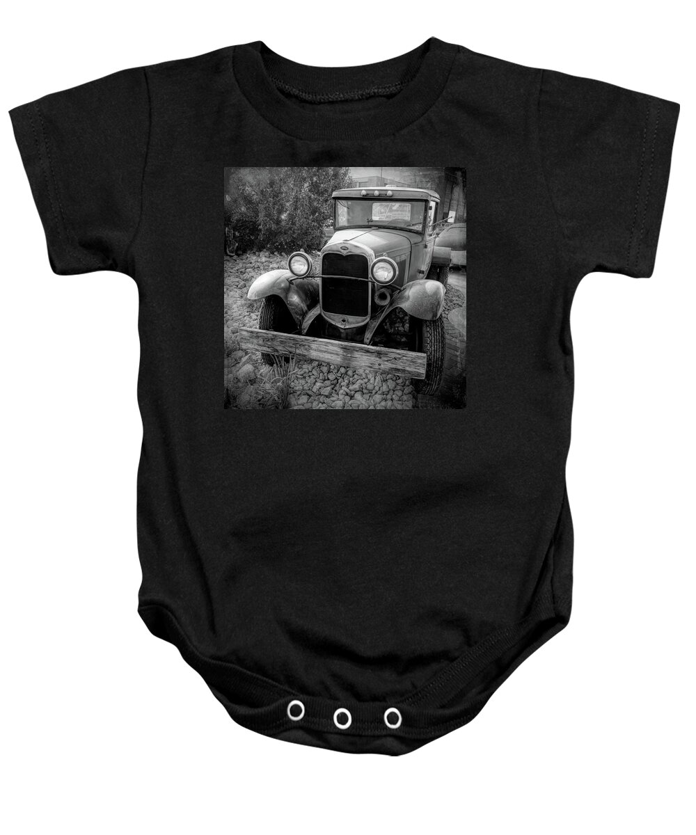 Truck Baby Onesie featuring the photograph 1931 Model AA Ford Wrecker BW by DK Digital